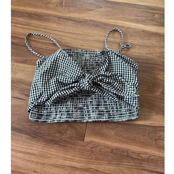 American Eagle Gingham Crop Top Tie Front Smocked Black White XS - Picture 1 of 3